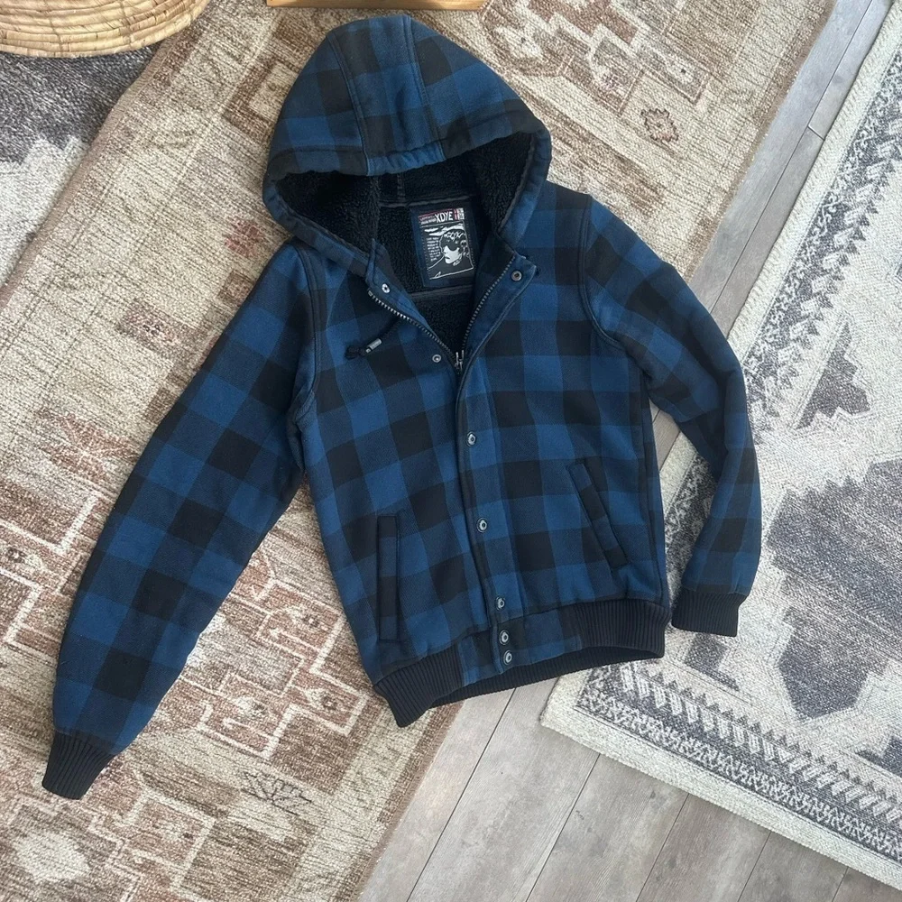 Vintage XDYE 90s Boys Blue Black Buffalo Plaid Hooded Zip Jacket Heavy Sz Small